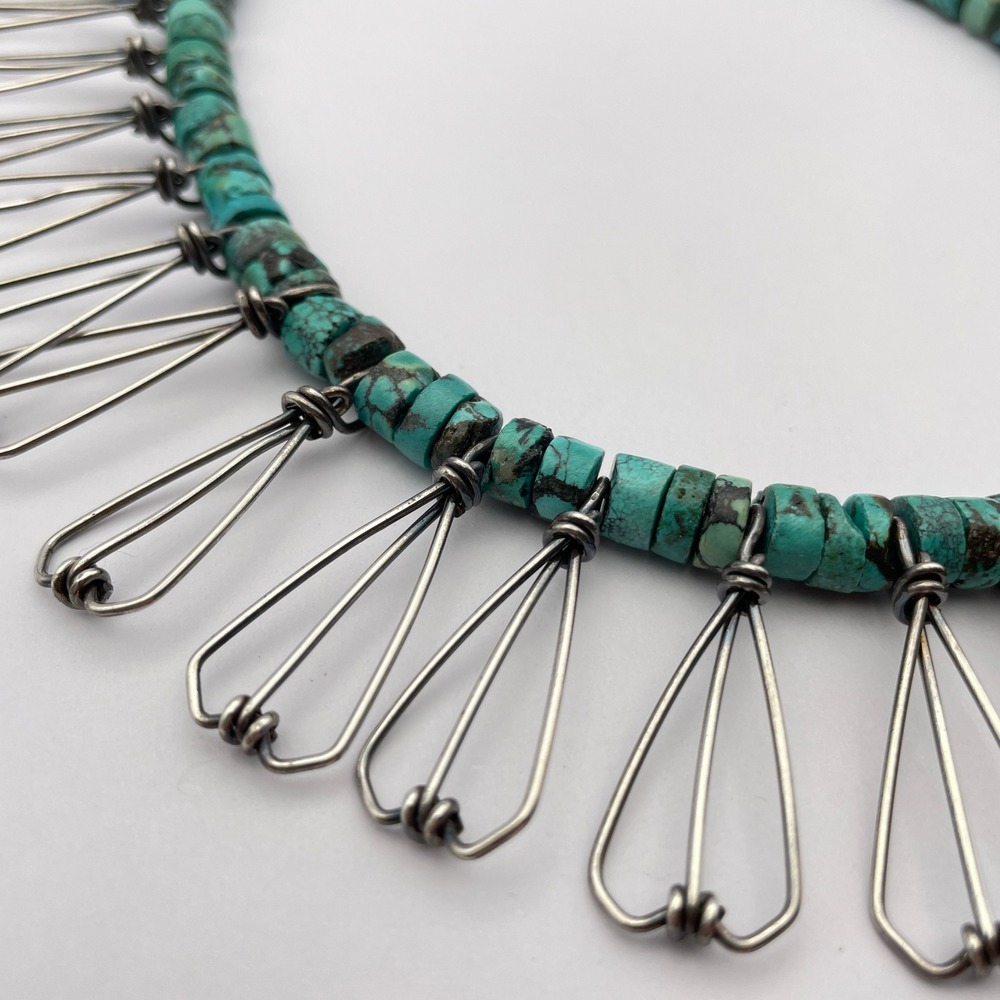 Sterling Silver‎ Bohemian Turquoise Heishi Style Fringe Collar Necklace - Picture 6 of 12